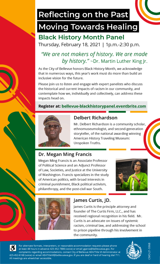 Informational flyer for "Reflecting on the Past, Moving Towards Healing" panelist speaker event.
