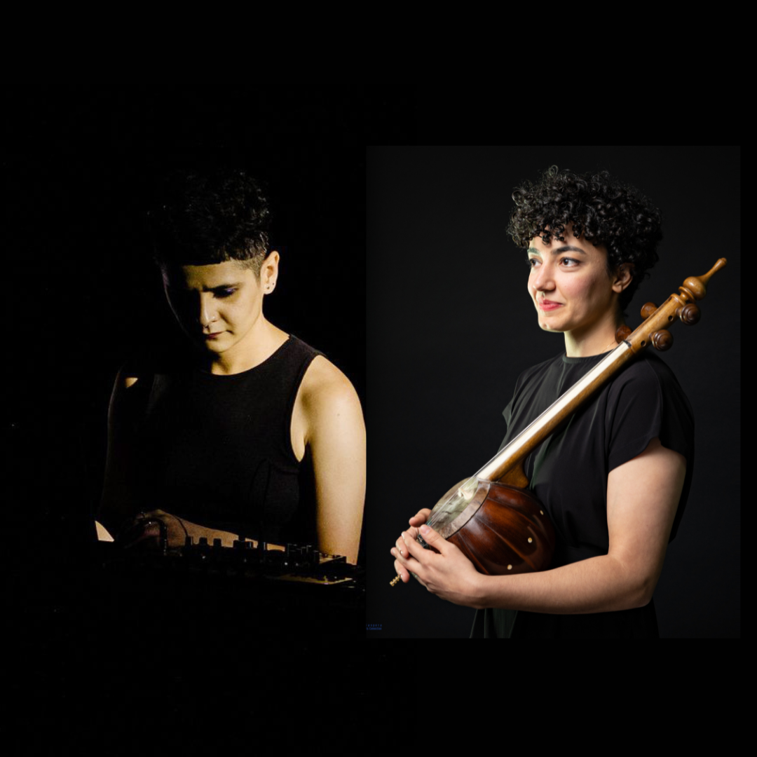 Two musicians against a black background: one performs with live electronics while the other holds a kamancheh.
